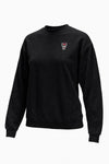 A black long-sleeve crewneck sweatshirt featuring a small logo on the left chest, displayed on a clean white background.