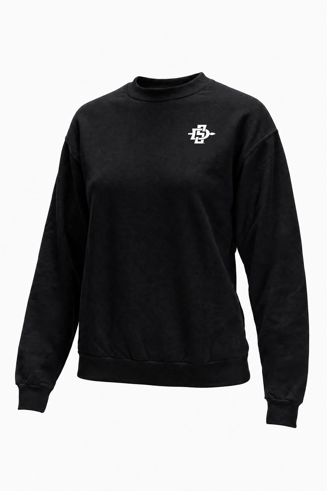A black long-sleeve crewneck sweatshirt featuring a small red block letter 'R' logo on the left chest, displayed on a clean white background.
