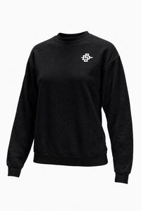 A black long-sleeve crewneck sweatshirt featuring a small red block letter 'R' logo on the left chest, displayed on a clean white background.