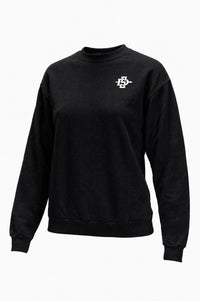 A black long-sleeve crewneck sweatshirt featuring a small red block letter 'R' logo on the left chest, displayed on a clean white background.