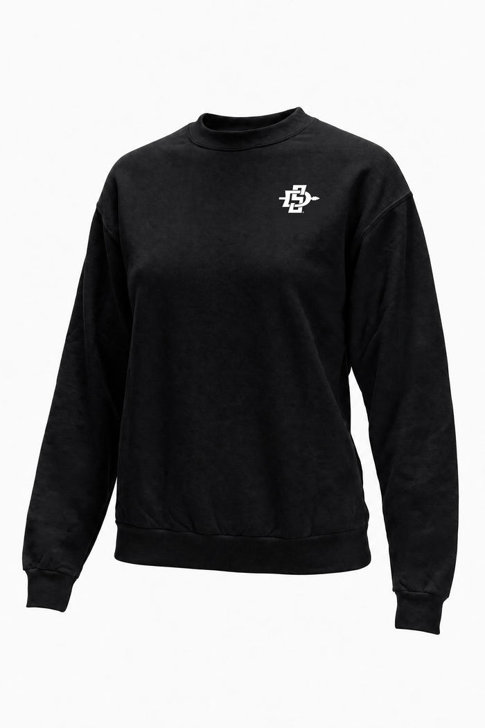 A black long-sleeve crewneck sweatshirt featuring a small red block letter 'R' logo on the left chest, displayed on a clean white background.