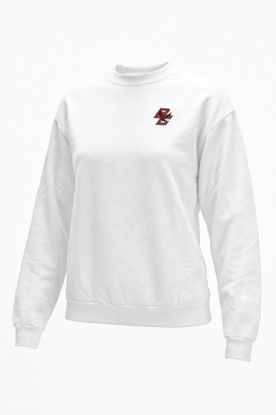 A white long-sleeve crewneck sweatshirt with a small maroon and white logo on the left chest, displayed on a clean white background.