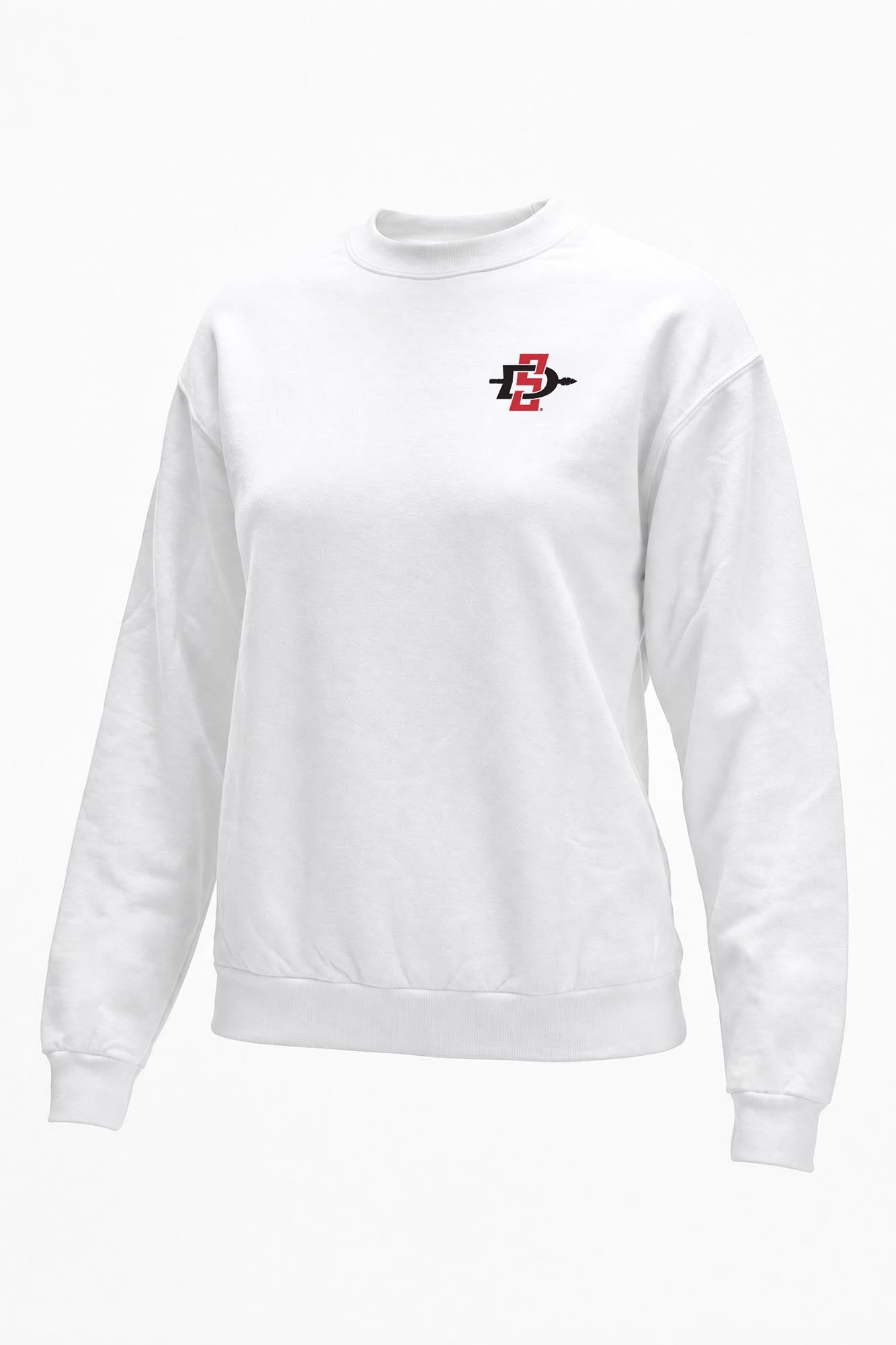 A white long-sleeve crewneck sweatshirt with a small red and black graphic logo on the left chest, displayed on a clean white background.