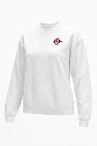 A white long-sleeve crewneck sweatshirt with a small red and black graphic logo on the left chest, displayed on a clean white background.