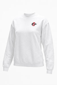 A white long-sleeve crewneck sweatshirt with a small red and black graphic logo on the left chest, displayed on a clean white background.