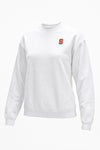 A white long-sleeve crewneck sweatshirt featuring a small orange block letter 'S' logo on the left chest, displayed on a clean white background.