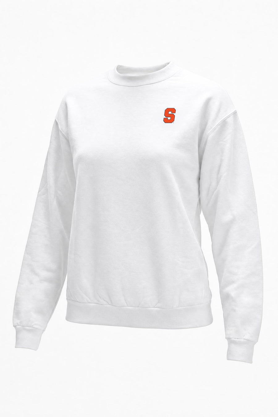 A white long-sleeve crewneck sweatshirt featuring a small orange block letter 'S' logo on the left chest, displayed on a clean white background.