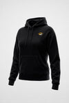 A black pullover hoodie with a logo on the left chest, displayed on a neutral light gray background.
