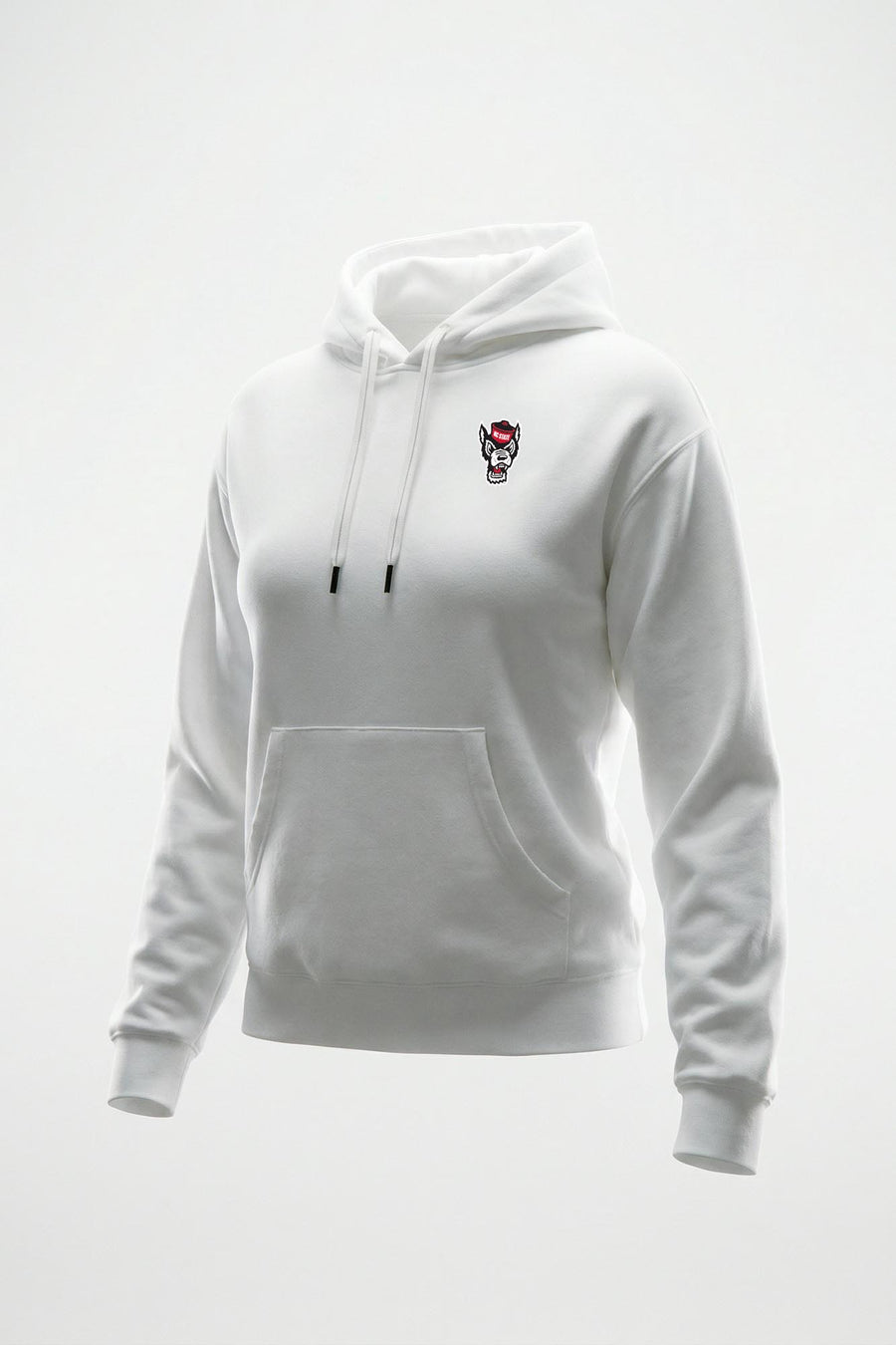A white pullover hoodie with a small logo on the left chest, displayed on a clean white background.