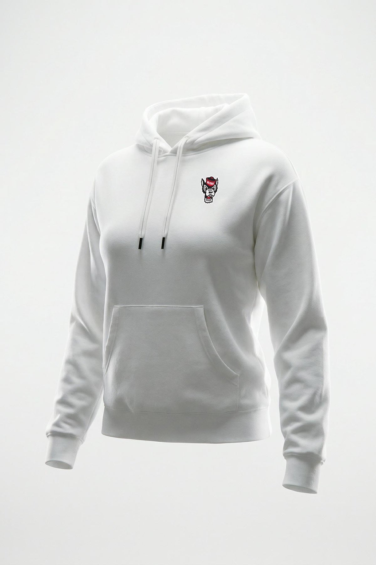 A white pullover hoodie with a small logo on the left chest, displayed on a clean white background.