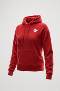 A red pullover hoodie with a white block letter 'SDSU' logo on the left chest, displayed on a neutral light gray background.