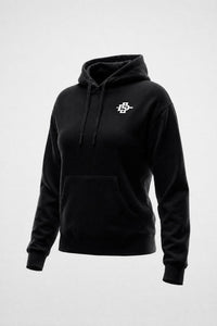 A black pullover hoodie with a small white SDSU logo on the left chest, displayed on a neutral light gray background.