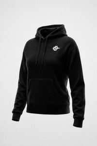 A black pullover hoodie with a small white SDSU logo on the left chest, displayed on a neutral light gray background.
