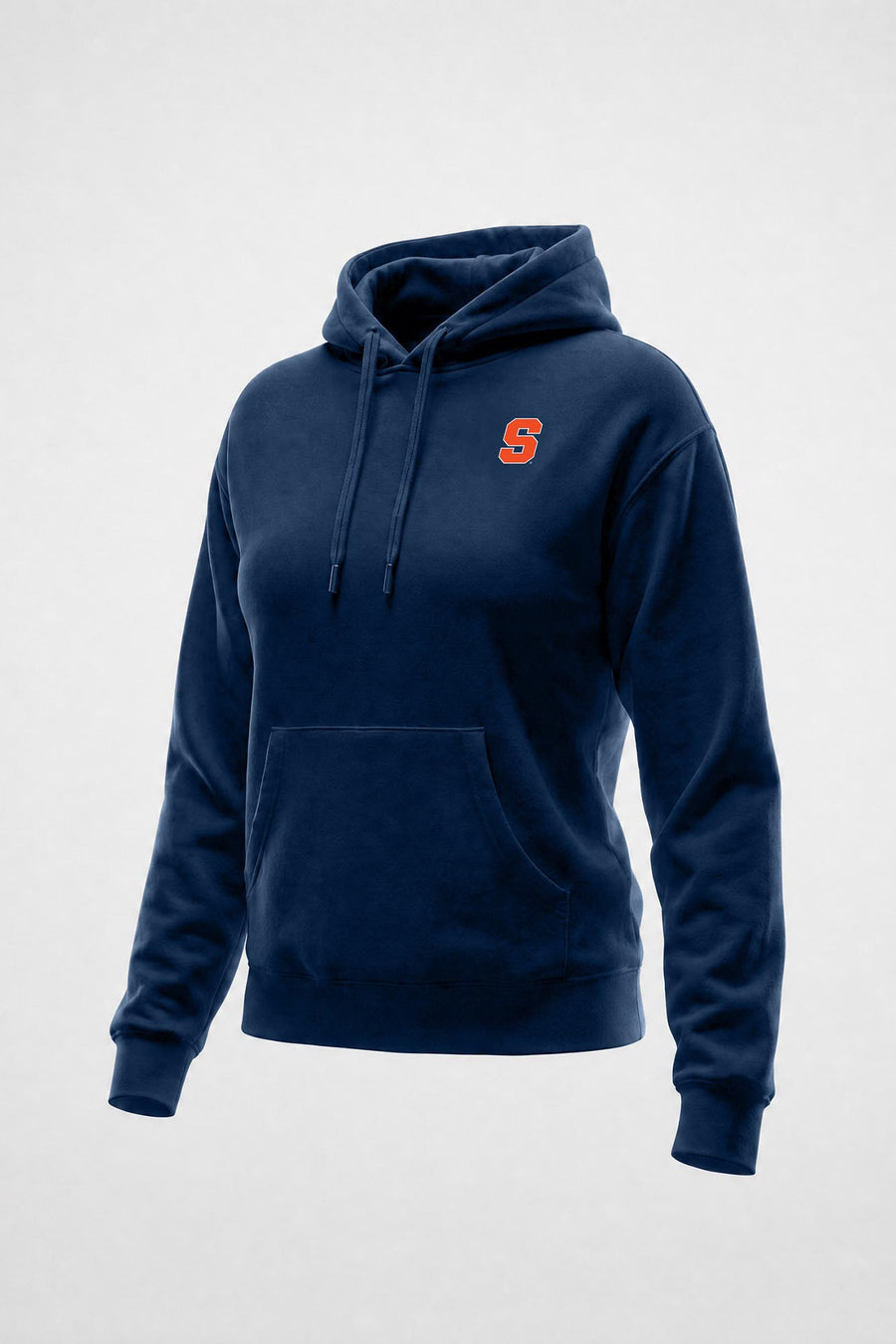 A navy blue pullover hoodie with a drawstring hood and kangaroo pocket, featuring a small orange embroidered letter 'S' on the left chest, displayed on a light gray background.