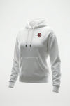 A white pullover hoodie with a drawstring hood and kangaroo pocket, featuring a small red and black 'AS' logo on the left chest, displayed on a clean white background.