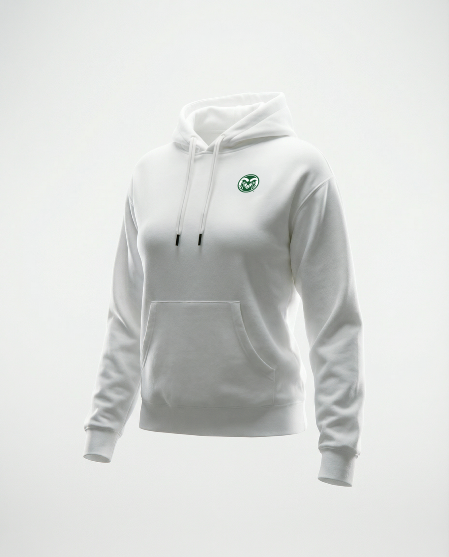 A white pullover hoodie with a small green circular 'M' logo on the left chest, displayed on a clean white background.