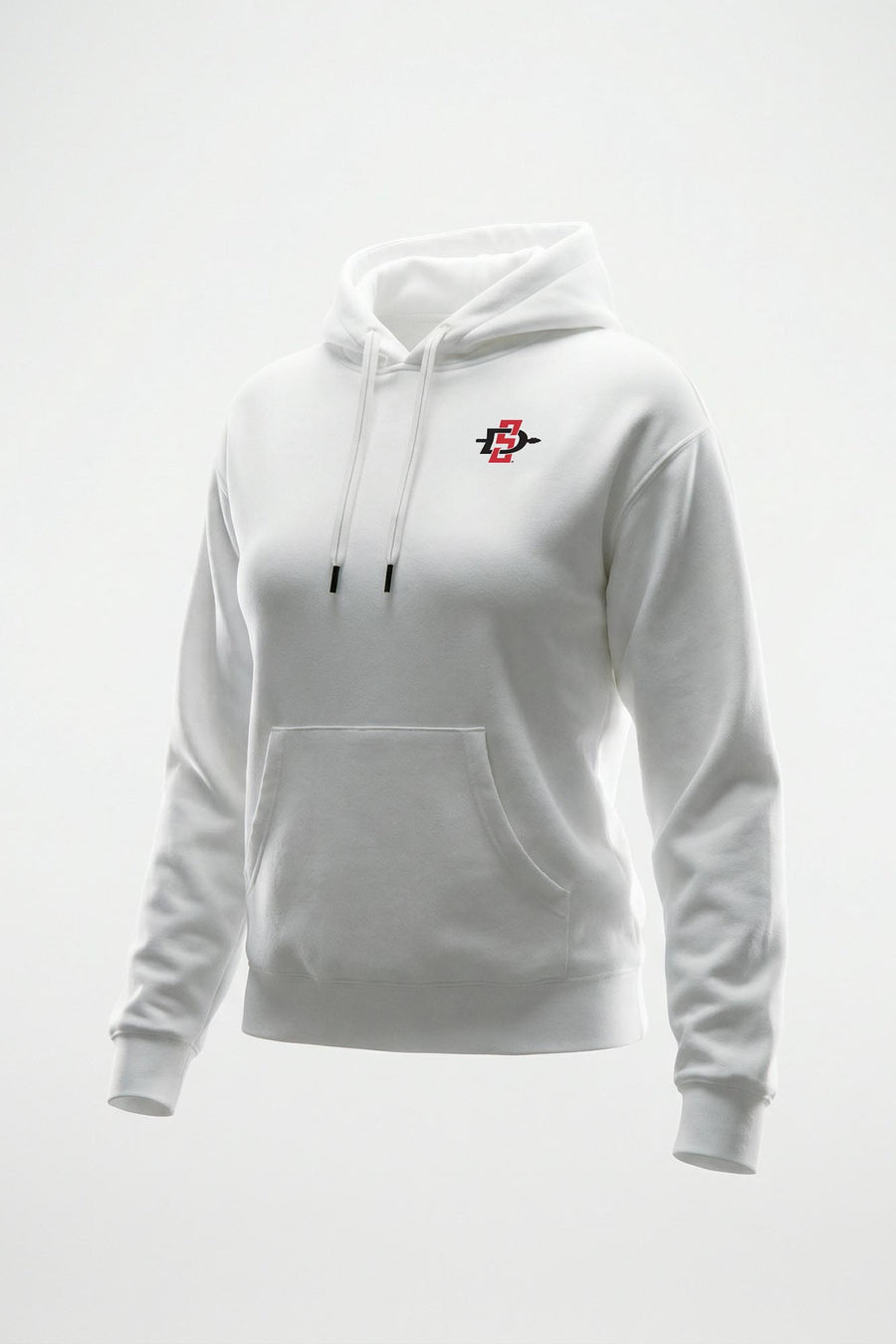A white pullover hoodie with a small red letter 'SDSU' logo on the left chest, displayed on a clean white background.