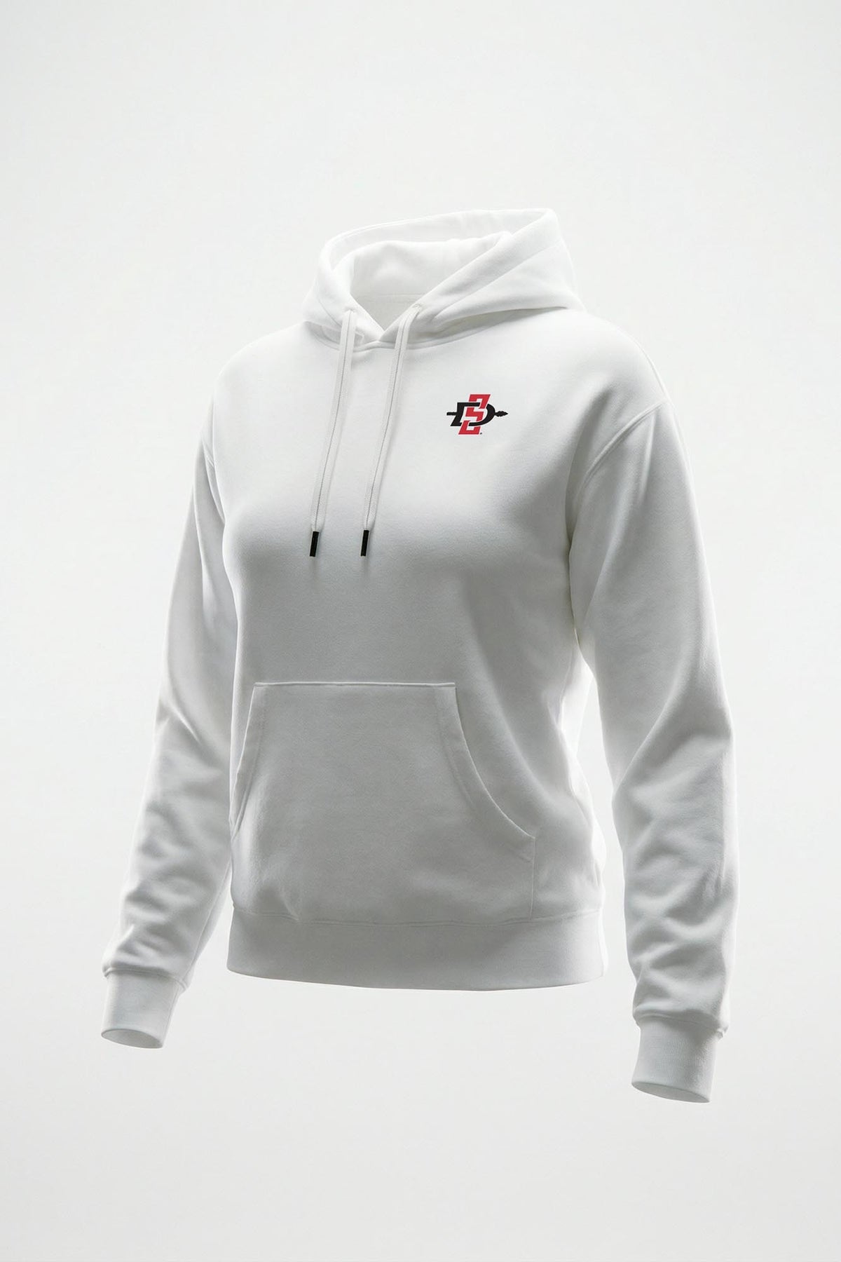 A white pullover hoodie with a small red letter 'SDSU' logo on the left chest, displayed on a clean white background.