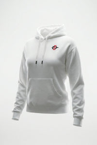A white pullover hoodie with a small red letter 'SDSU' logo on the left chest, displayed on a clean white background.