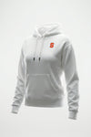 A white pullover hoodie with a small red letter 'R' logo on the left chest, displayed on a clean white background.
