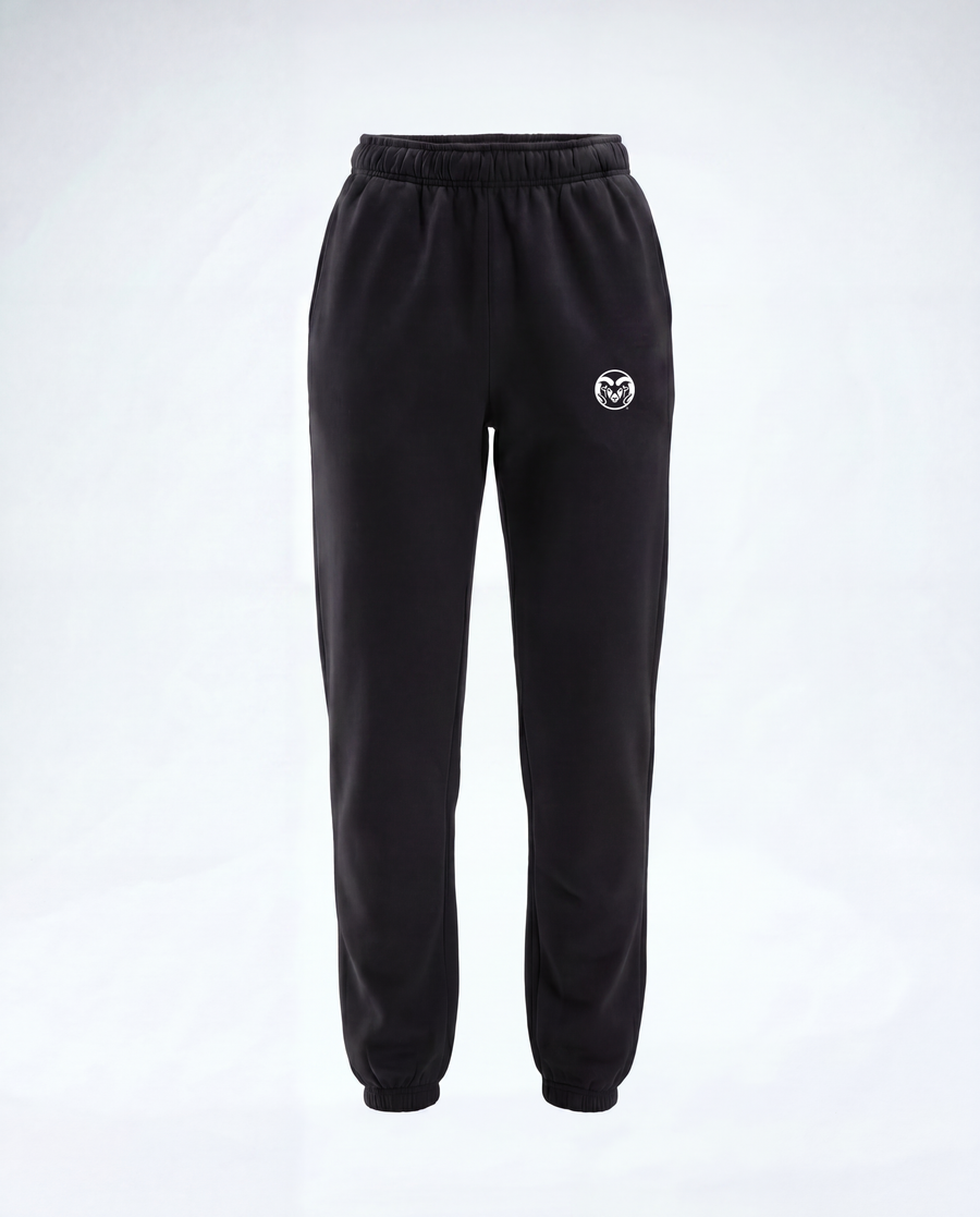 Black sweatpants with an elastic waistband and cuffs, featuring a small white circular logo on the left thigh, shown against a plain white background.