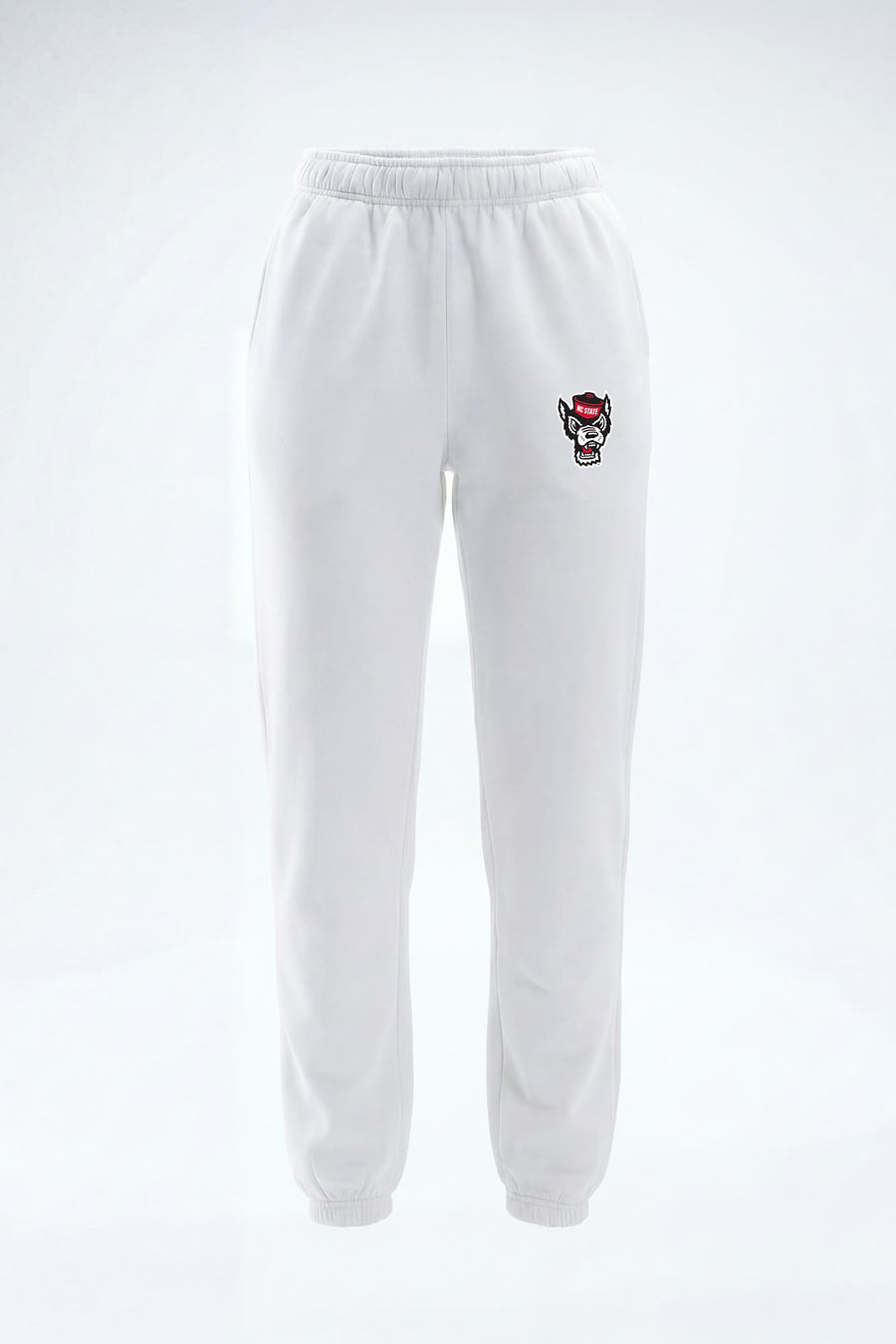 White sweatpants with an embroidered mascot logo on the left chest, shown against a plain white background.