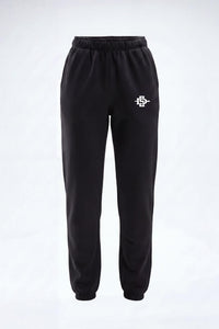 Black sweatpants with an elastic waistband and cuffs, featuring a small white logo on the left hip, displayed against a light gray background.