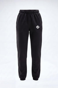 Black sweatpants with an elastic waistband and cuffs, featuring a small white logo on the left hip, displayed against a light gray background.