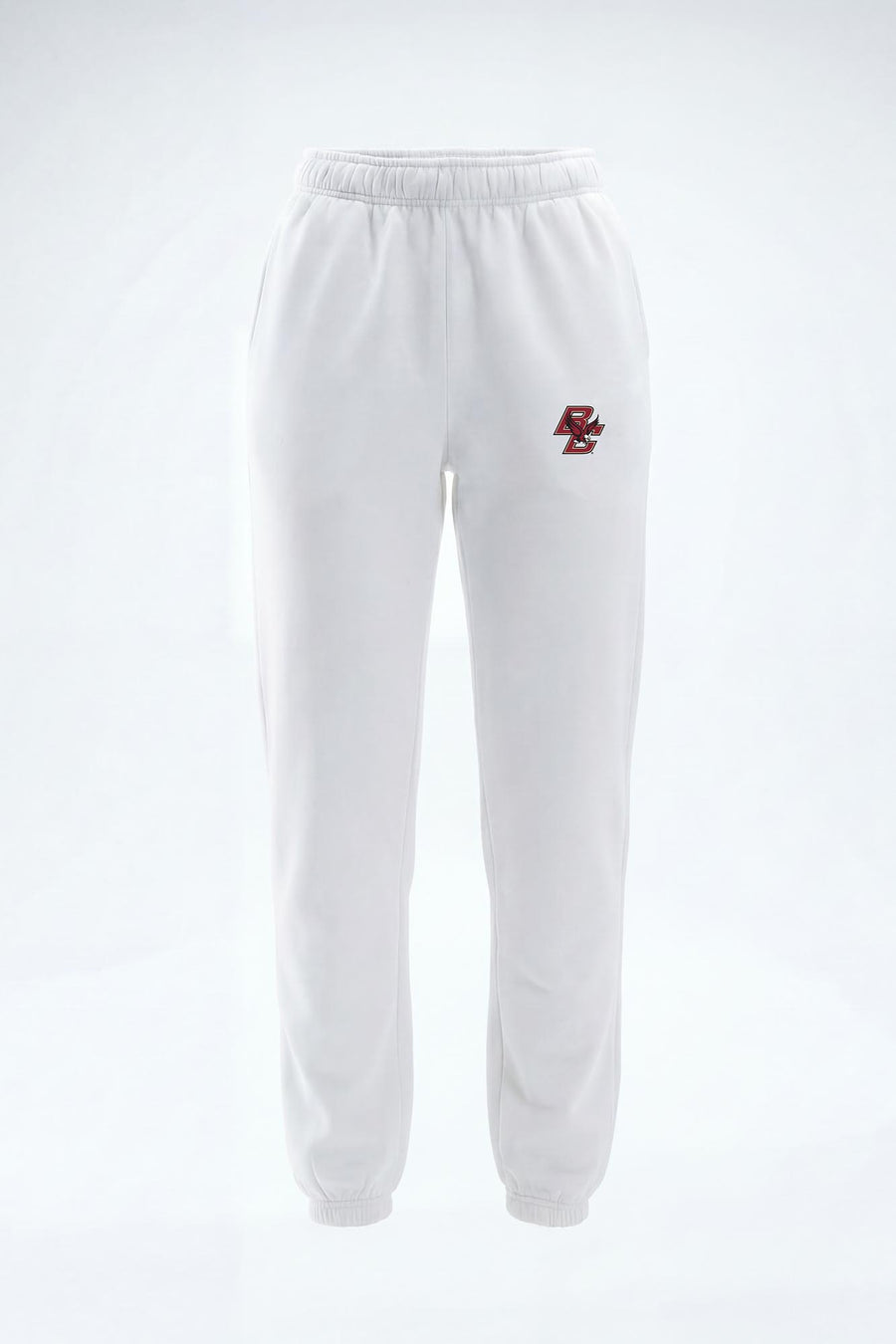 White sweatpants with an elastic waistband and cuffs, featuring a small red and black logo on the left thigh, shown against a plain white background.