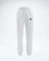 White sweatpants with an elastic waistband and cuffs, featuring a small green circular logo on the left hip, displayed on a light gray background.