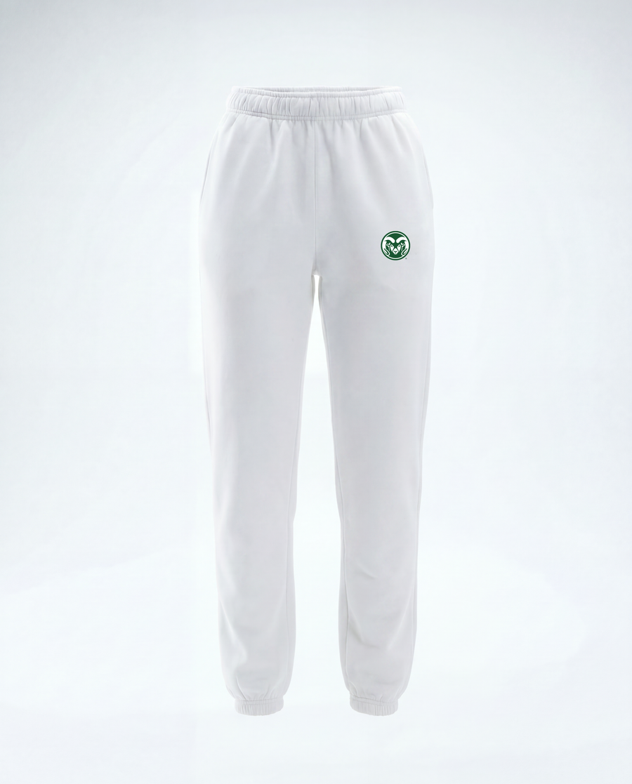 White sweatpants with an elastic waistband and cuffs, featuring a small green circular logo on the left hip, displayed on a light gray background.
