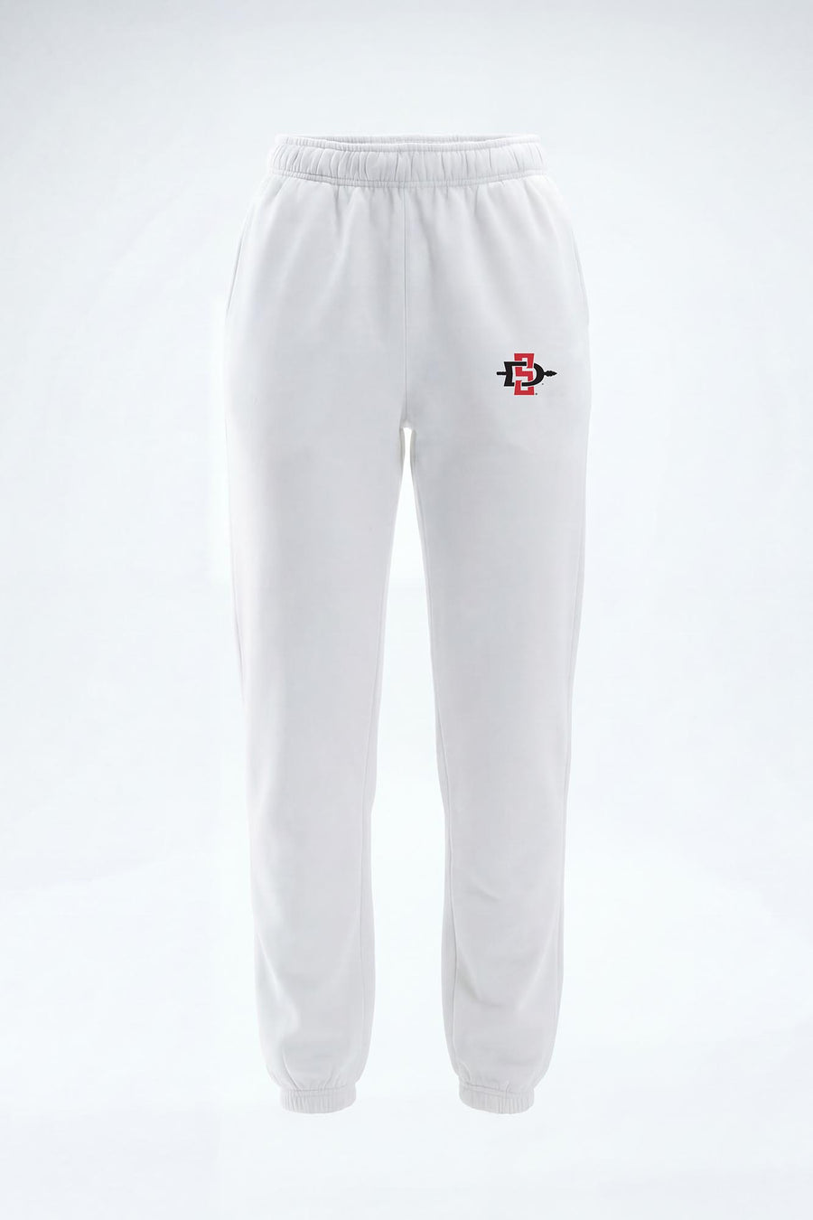 White sweatpants with an elastic waistband and cuffs, featuring a small red and black embroidered logo on the left hip, shown against a plain white background.