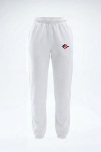 White sweatpants with an elastic waistband and cuffs, featuring a small red and black embroidered logo on the left hip, shown against a plain white background.