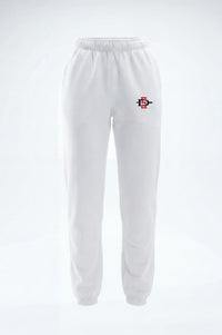 White sweatpants with an elastic waistband and cuffs, featuring a small red and black embroidered logo on the left hip, shown against a plain white background.
