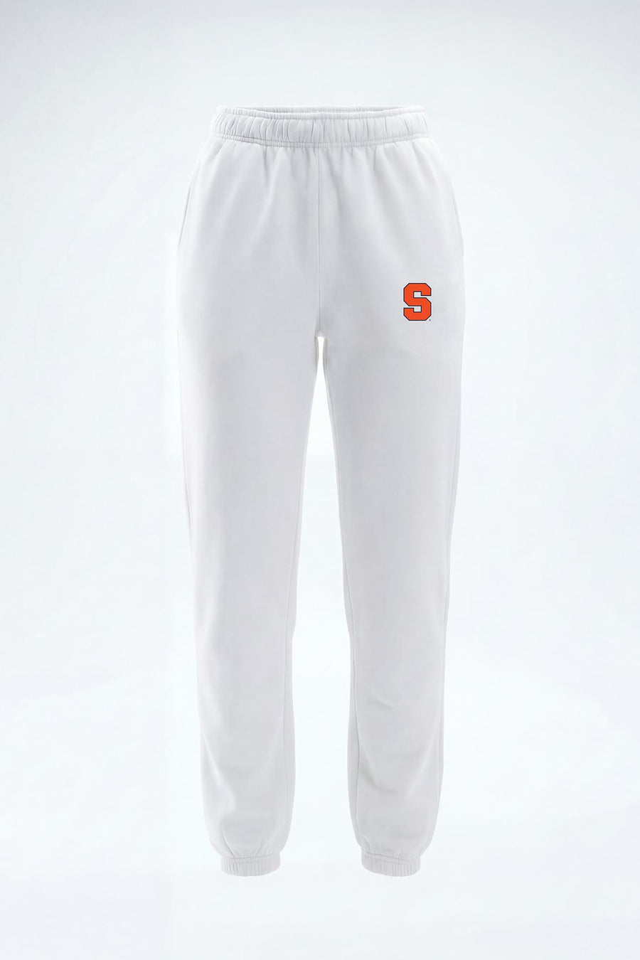 White sweatpants with an orange embroidered letter 'S' on the left hip, shown against a plain white background.