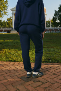 A person viewed from behind wearing a navy blue hoodie and matching navy sweatpants, standing on a brick path in an outdoor park setting with grass, trees, and a classical building in the background.