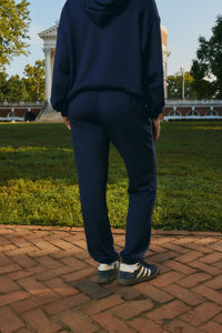 A person viewed from behind wearing a navy blue hoodie and matching navy sweatpants, standing on a brick path in an outdoor park setting with grass, trees, and a classical building in the background.