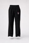 Black sweatpants with a drawstring waist and a red embroidered  logo on the left thigh, shown against a light gray background.