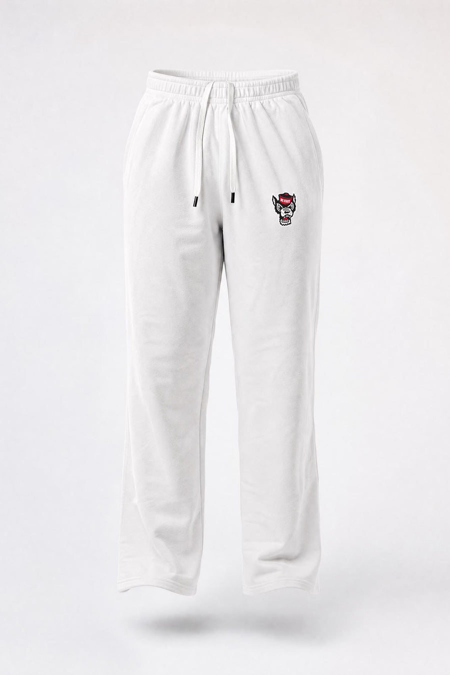 White sweatpants with an elastic waistband and drawstring, featuring a small embroidered logo on the left thigh.