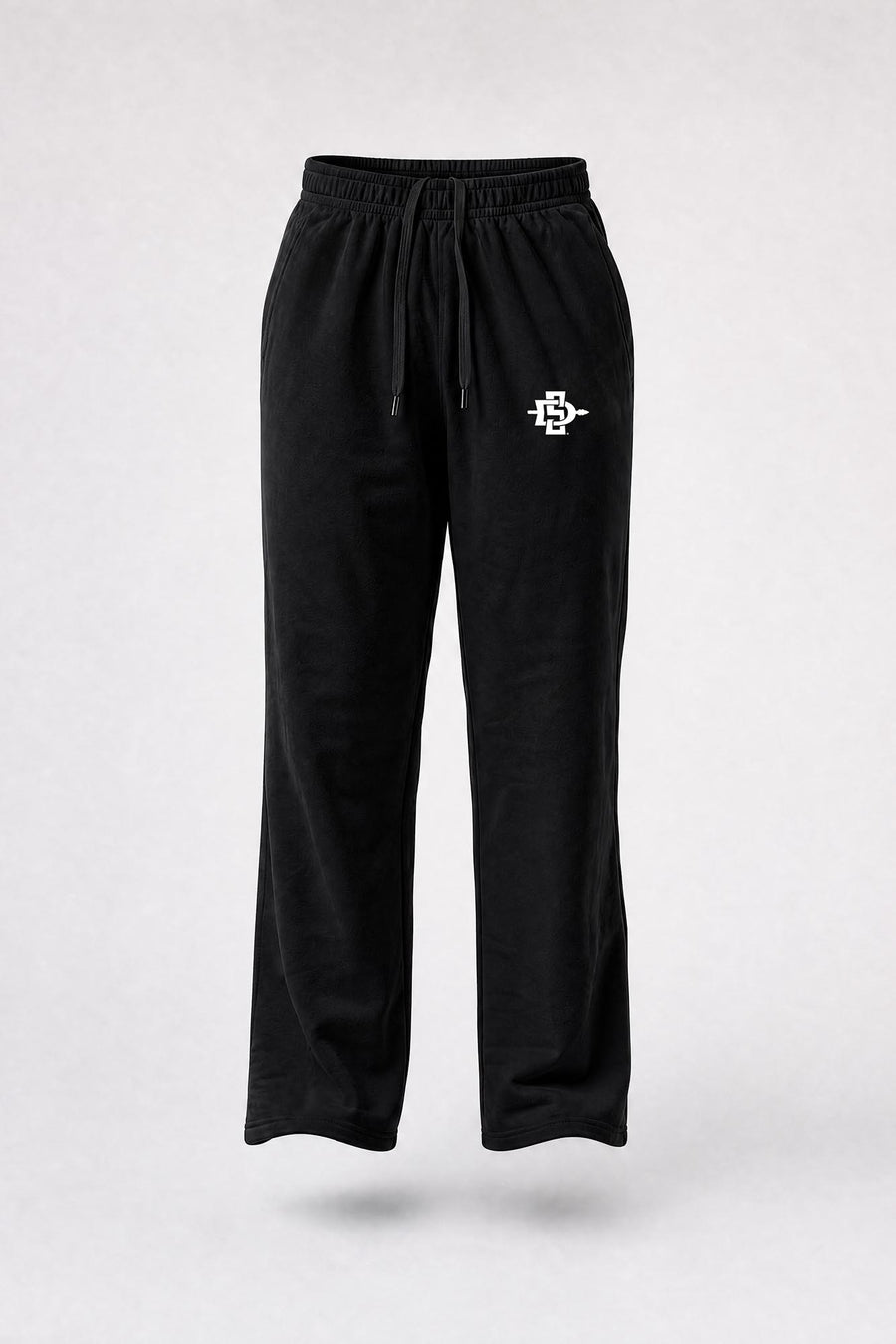 Black sweatpants with an elastic waistband, drawstring, and a small white embroidered logo on the left thigh, shown against a light gray background.