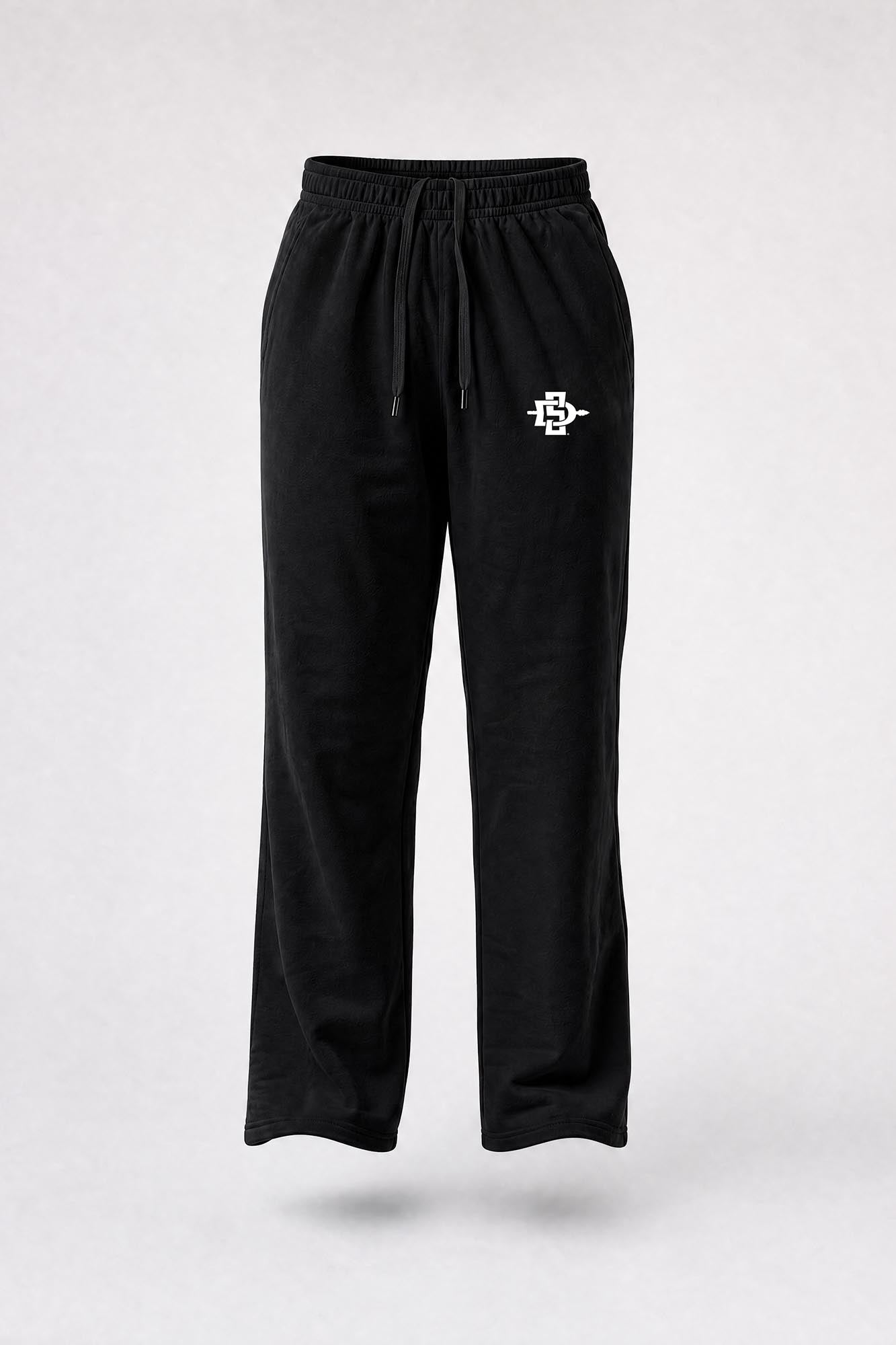 Black sweatpants with an elastic waistband, drawstring, and a small white embroidered logo on the left thigh, shown against a light gray background.
