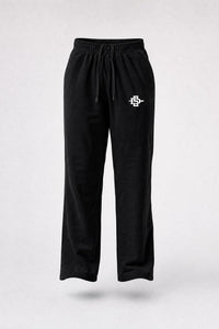 Black sweatpants with an elastic waistband, drawstring, and a small white embroidered logo on the left thigh, shown against a light gray background.