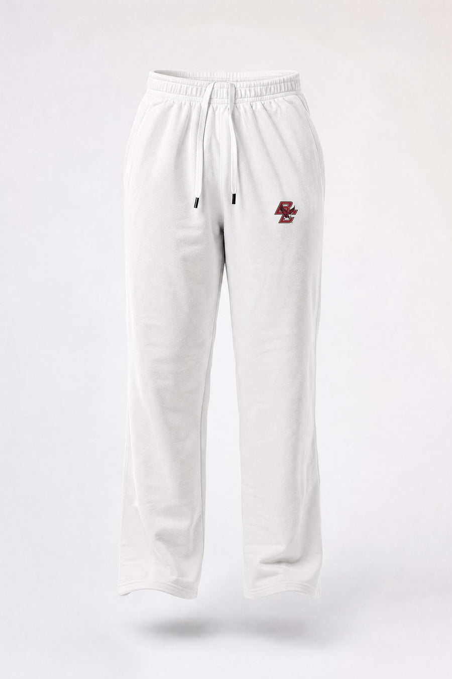 White sweatpants with an elastic waistband, drawstring, and a small red embroidered logo on the left thigh, shown against a light gray background.