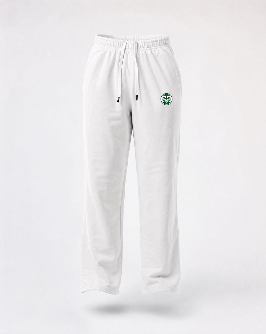 White sweatpants with an elastic waistband, drawstring, and a green circular logo on the left hip, shown against a plain white background.