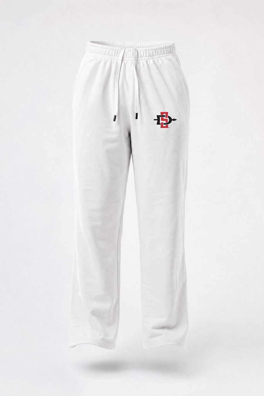 White sweatpants with an elastic waistband and drawstring, featuring a small red and black graphic logo on the left thigh, shown against a light gray background.