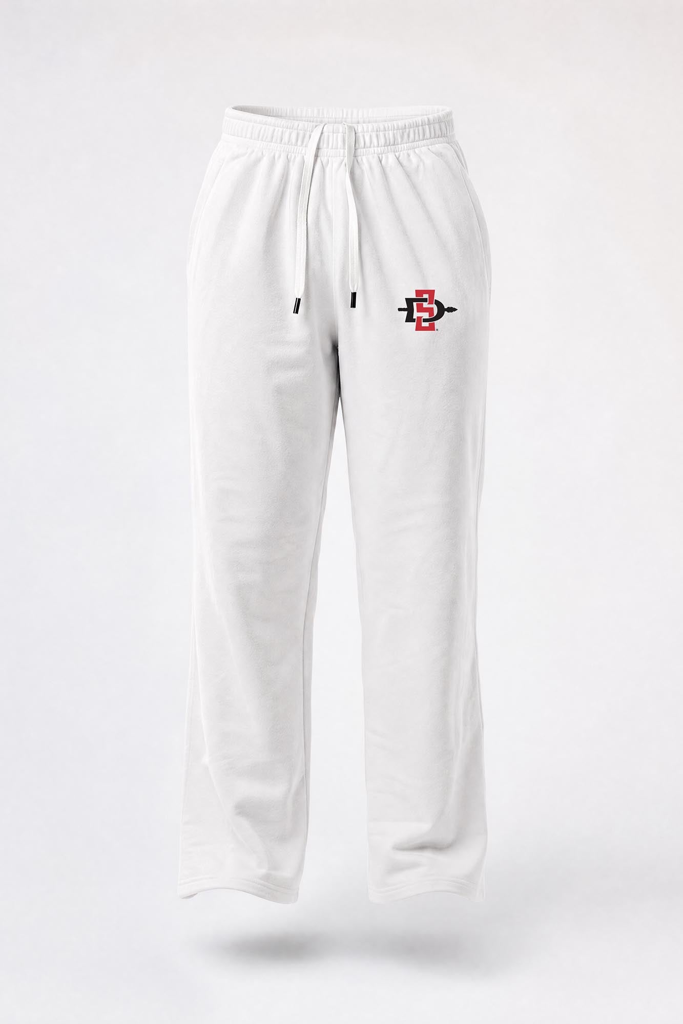 White sweatpants with an elastic waistband and drawstring, featuring a small red and black graphic logo on the left thigh, shown against a light gray background.