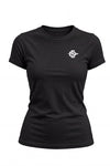 A black short-sleeve crewneck t-shirt with a small white logo on the left chest, displayed on a clean white background.