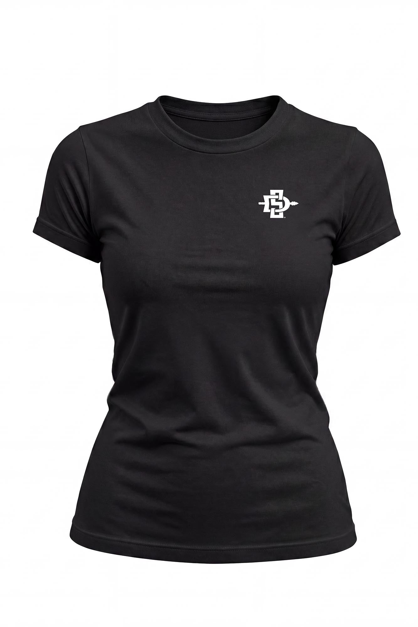 A black short-sleeve crewneck t-shirt with a small white logo on the left chest, displayed on a clean white background.