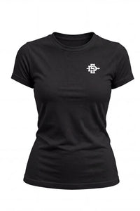A black short-sleeve crewneck t-shirt with a small white logo on the left chest, displayed on a clean white background.