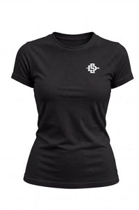A black short-sleeve crewneck t-shirt with a small white logo on the left chest, displayed on a clean white background.